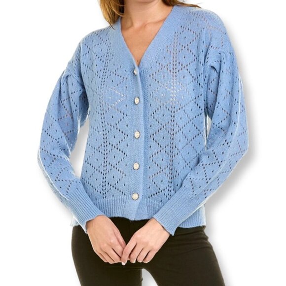 Nanette Lepore Blue Eyelet Knit Cardigan Sweater Faux Pearl Buttons Size Small - Picture 2 of 12